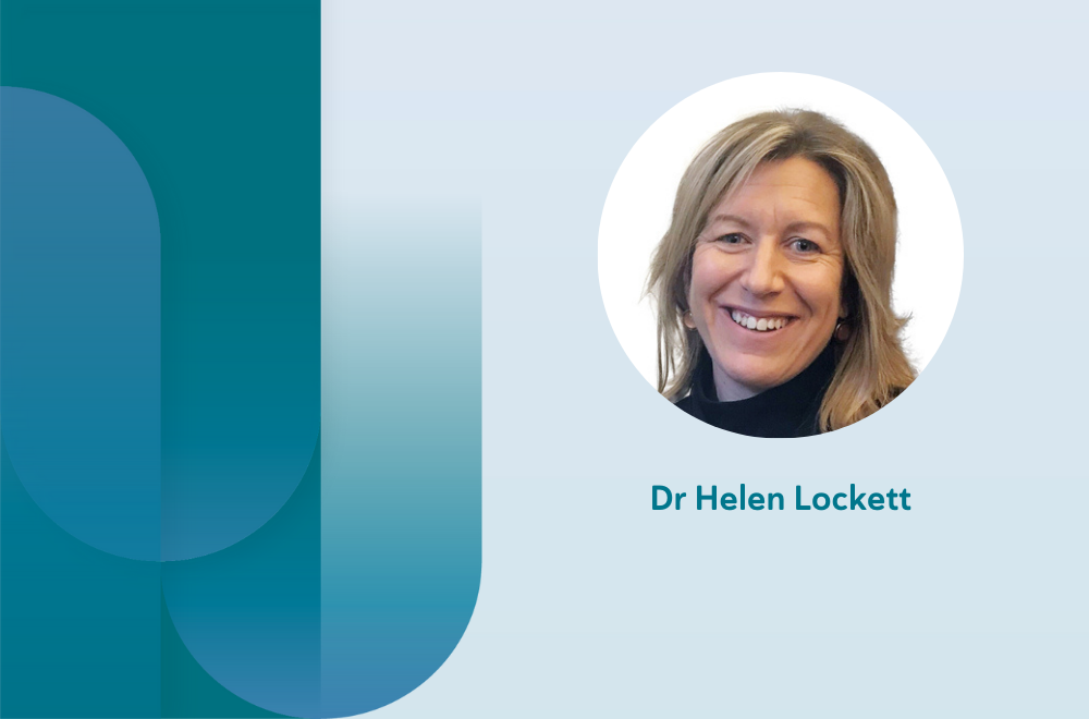 Blue background with a small image of the presenter Dr Helen Lockett