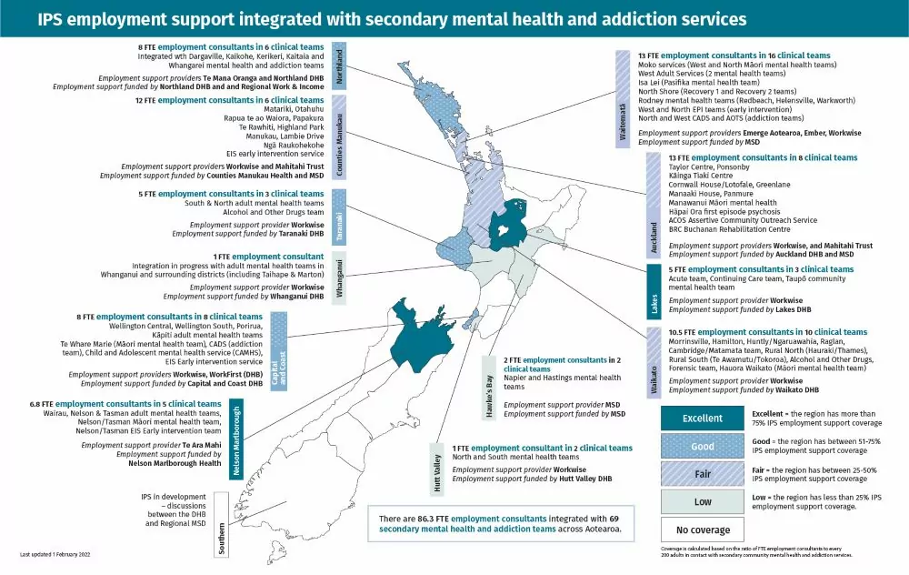 Map of New Zealand with shaded areas and information showing regions that have IPS employment support